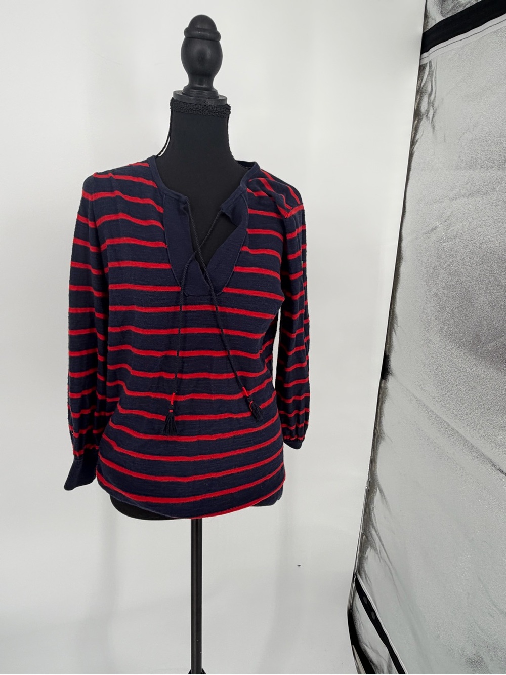 LOFT Navy and Red Striped Top with‎ tassels - cotton